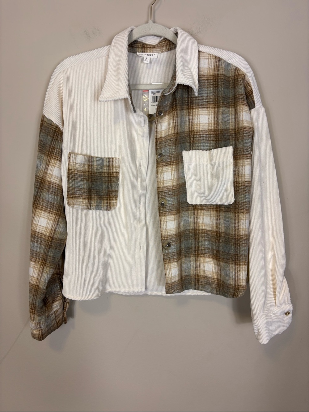 Blu Pepper Women Cream Corduroy Brown Plaid Mixed Shacket Large CR2122DG